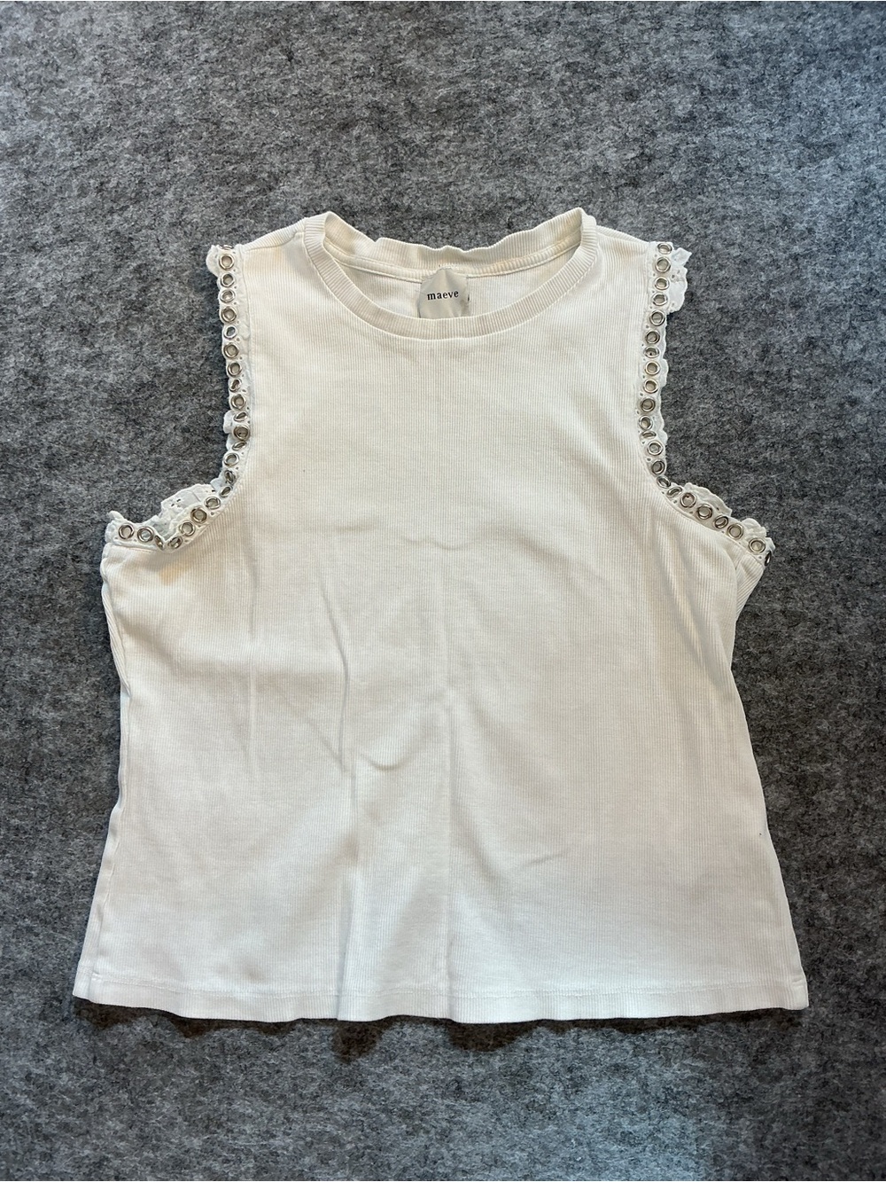 Maeve White Eyelet-Trim Grommet High Neck Ribbed Tank Top Size L